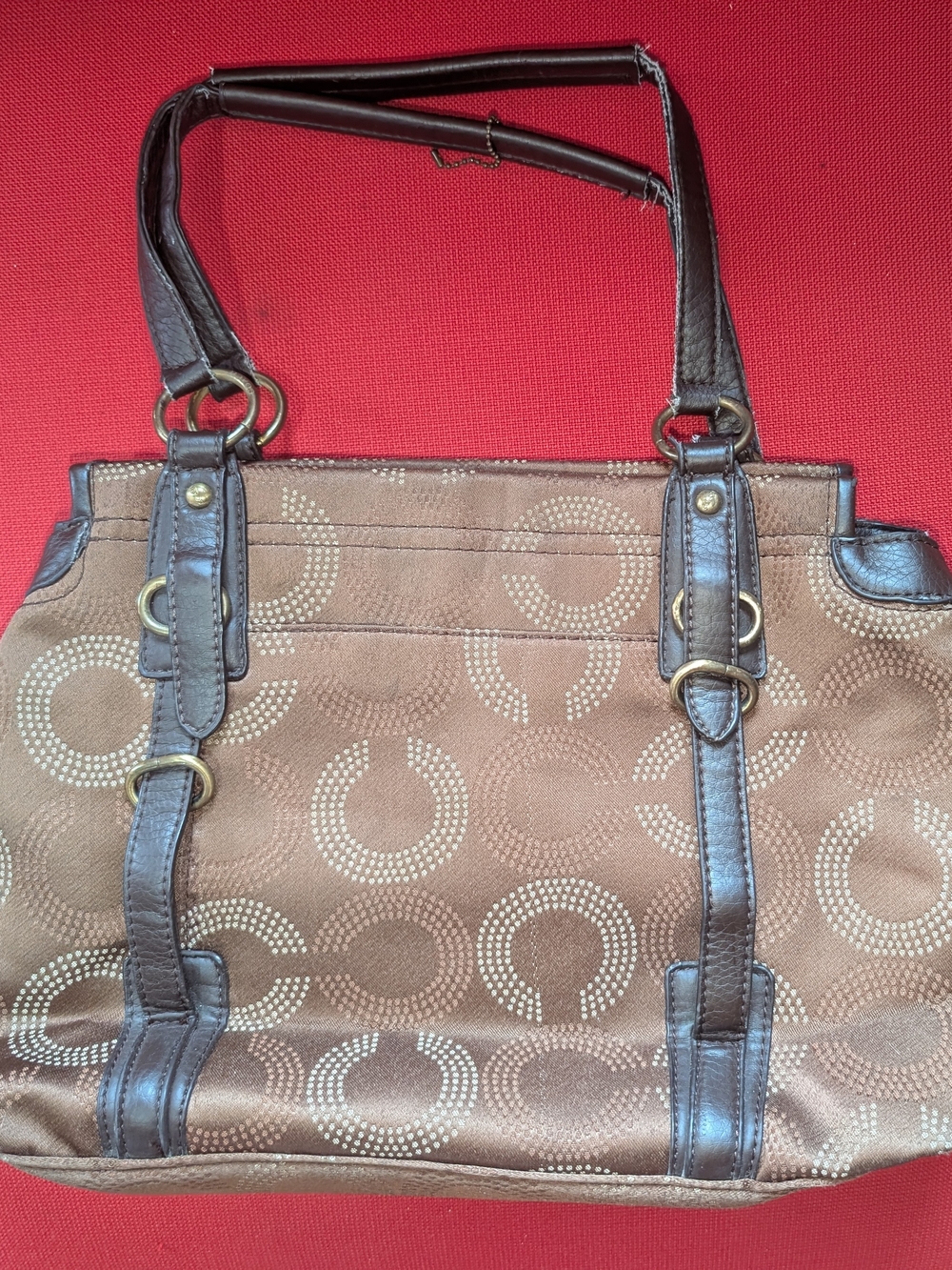 Purse Tote Shoulder Bag Dark Brown Trim Dotted C Coach Logo Design Decent Shape - Picture 2 of 13